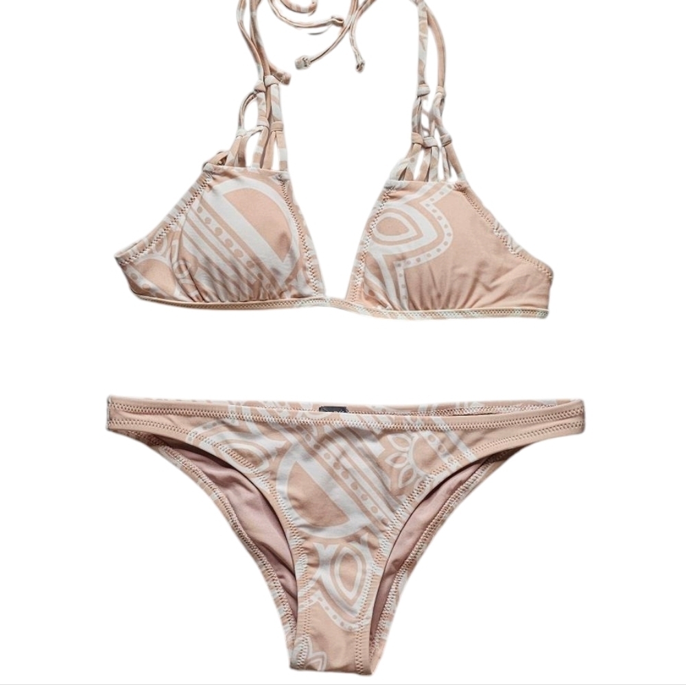 Aerie Blush Pink Cream Print Small Low-rise Cheeky Bikini w XS Triangle Halter